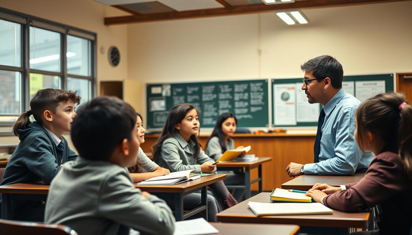 Students studying together in modern classroom
